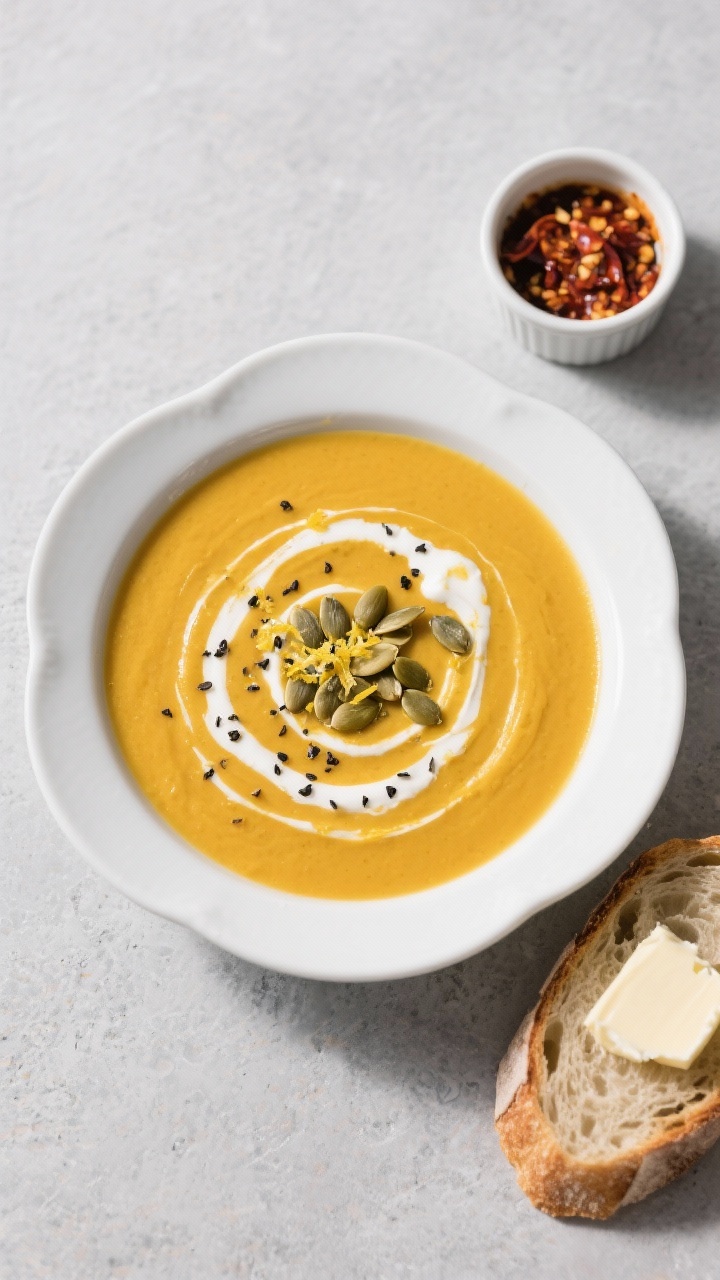 Tasty top view: Overhead shot of finished butternut squash soup in a wide, shallow white bowl, with 