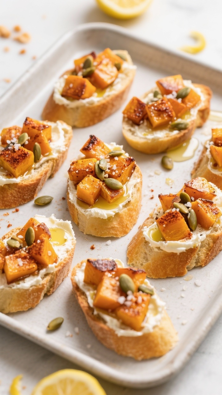 Tasty top view: Overhead shot of roasted squash crostini assembly—golden baguette rounds spread wi