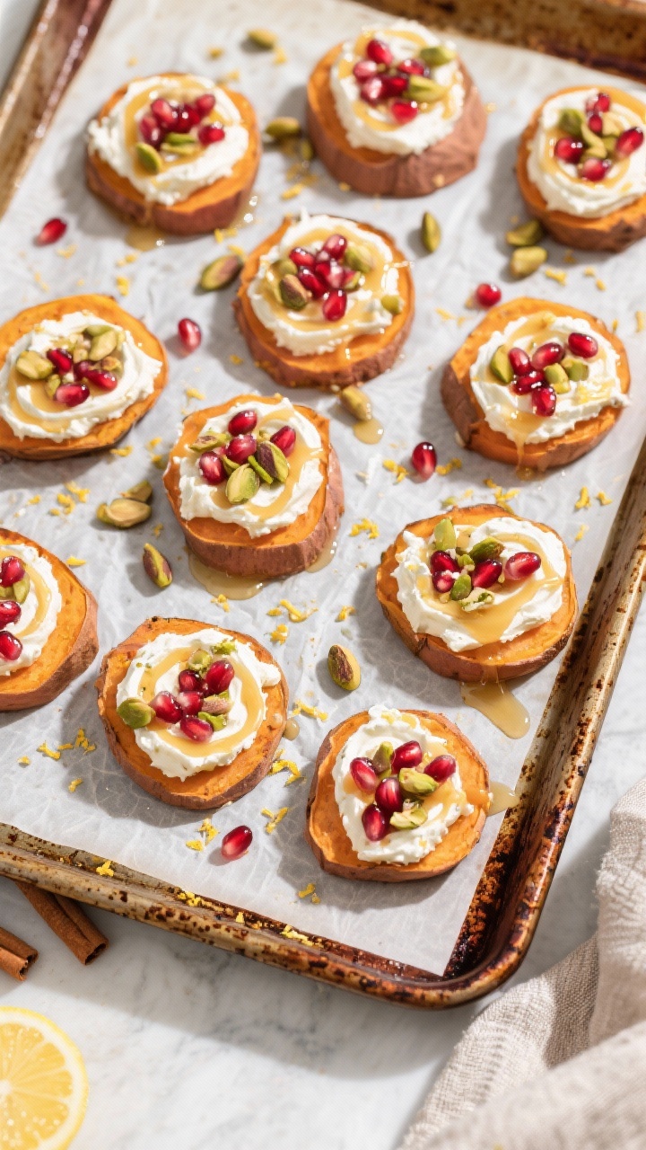 Healthy Fall Appetizers That Don’t Compromise on Flavor: Cozy Bites You’ll Brag About All Season Tasty top view: Overhead shot of sweet potato rounds topped with whipped feta swirls, bright pomegra