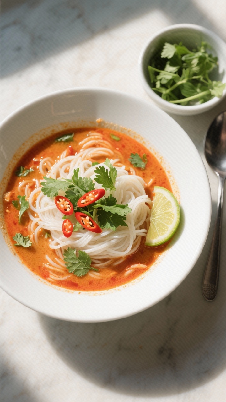 Thai Coconut Curry Soup for Spicy Cozy Vibes: The 20-Minute Comfort Bowl You’ll Crave All Week Tasty top view: Overhead shot of Thai coconut curry soup ladled over rice noodles in a wide white bo