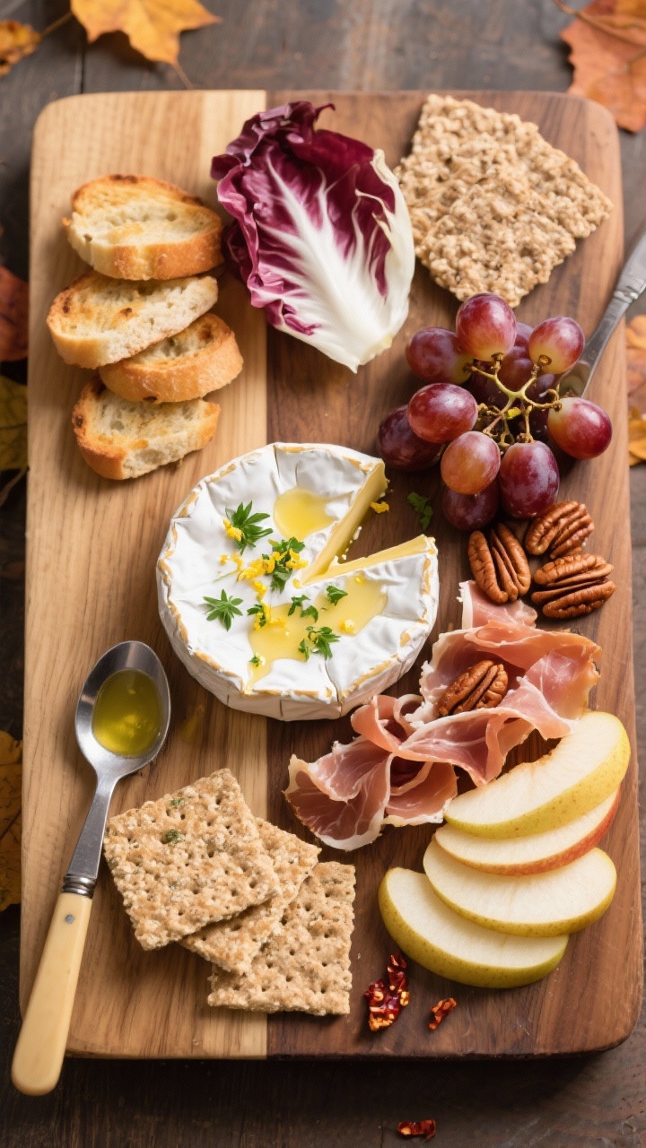 Tasty top view: Overhead shot of the assembled fall appetizer board featuring the whole baked brie d