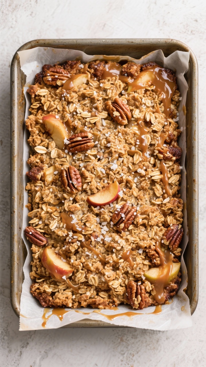 Tasty top view: Overhead shot of the caramel apple crisp just out of the oven in a 9x13 pan, evenly 