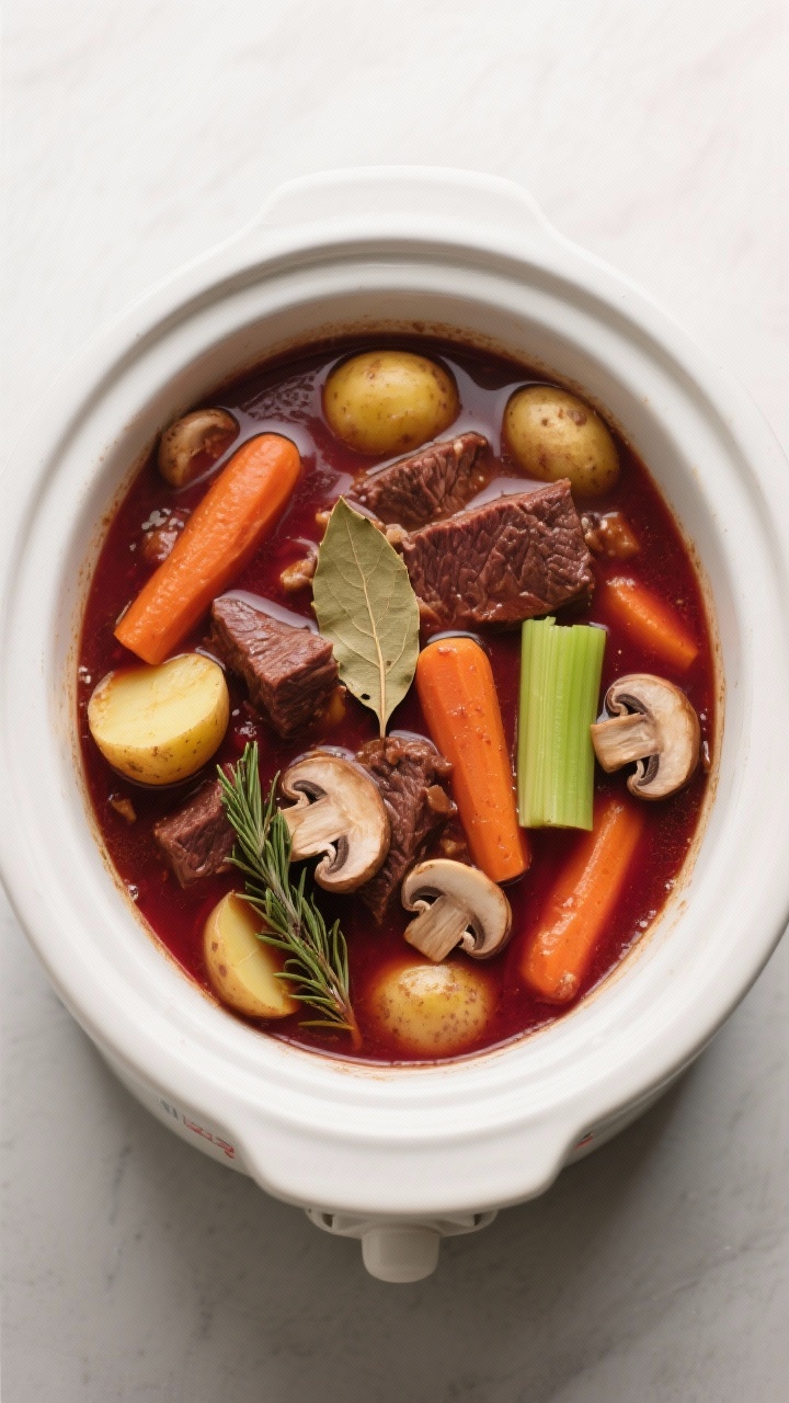 Tasty top view: Overhead shot of the crockpot mid-cook, showing a rich, ruby-brown red wine beef ste