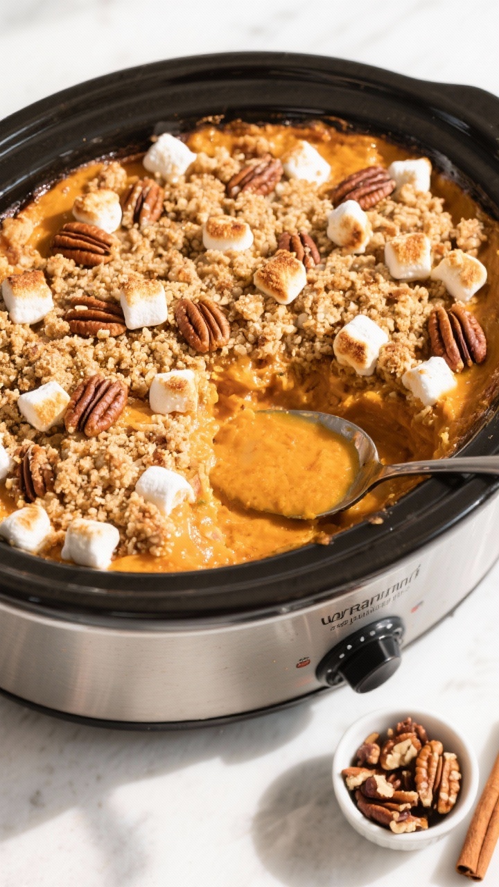 Tasty top view: Overhead shot of the finished casserole still in the slow cooker on Warm—golden, c
