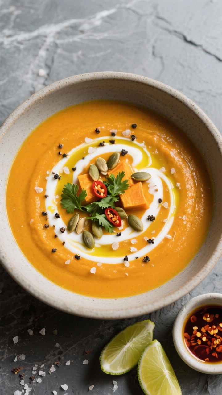 Tasty top view: Overhead shot of the finished roasted pumpkin soup in a wide, matte stoneware bowl; 