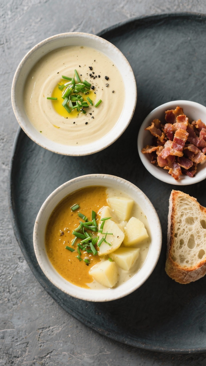 “Comforting Potato & Leek Soup Made Simple” — The 25-Minute Hug Your Weeknight Needs Tasty top view: Overhead shot of the finished soup served two ways—one bowl velvety-smooth, the ot