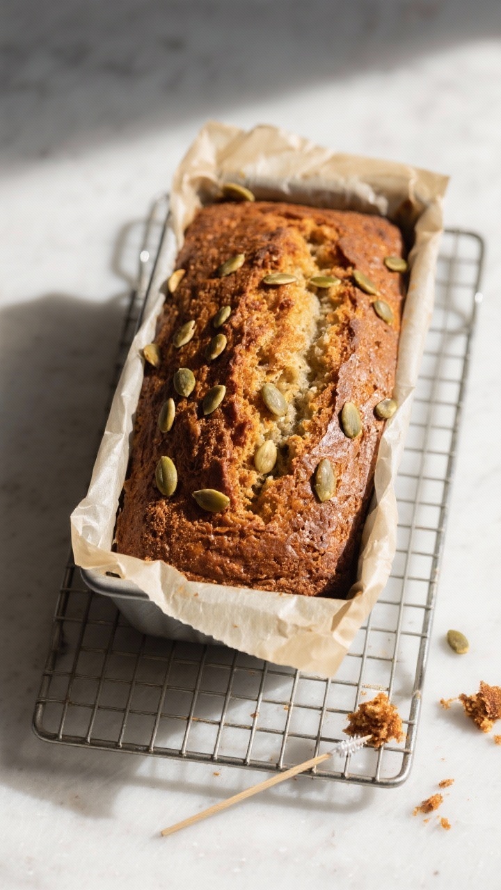 Gluten-Free Pumpkin Bread Made with Almond Flour: The Cozy Loaf You’ll Brag About All Season Tasty top view: Overhead shot of the whole baked loaf on a cooling rack just out of the pan, parchme