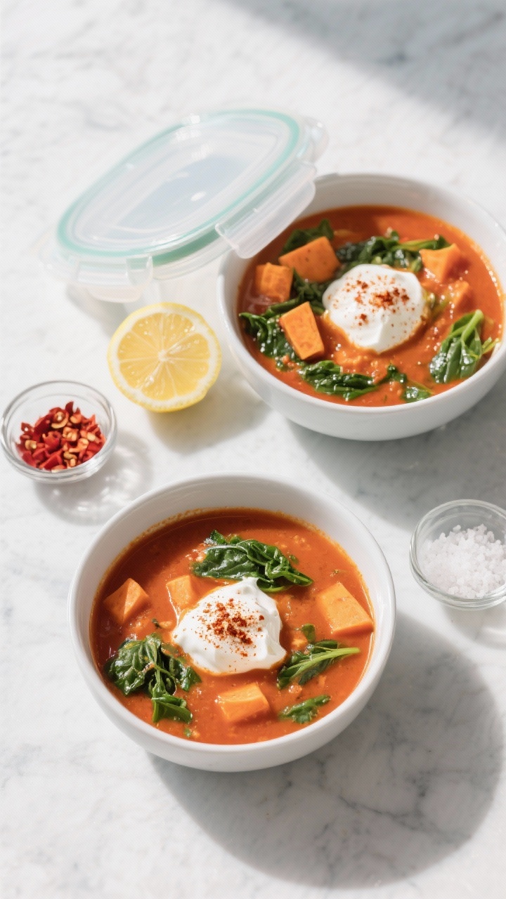 Tasty top view: Overhead tablescape of two servings for meal-prep vibes—one bowl steaming hot and 