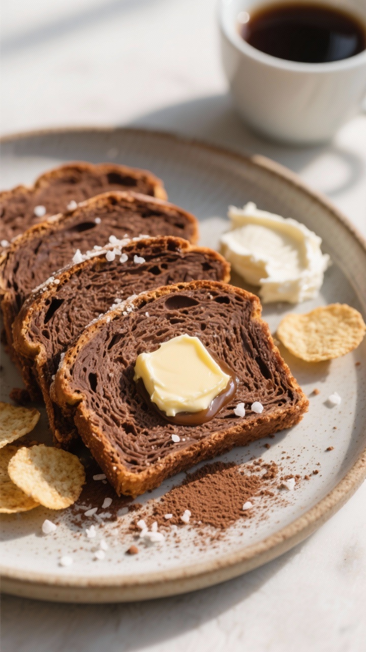 Double Chocolate Pumpkin Bread for the Ultimate Treat: The Cozy Loaf That Eats Like Dessert and Smells Like a Hug Tasty top view plating: Overhead hero shot of several thick slices arranged slightly overlapped on a