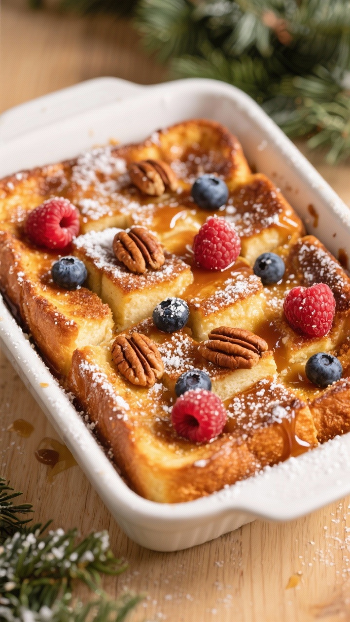 Tasty top view: Sweet Cinnamon-Maple French Toast Bake fully baked in a white ceramic 9x13, overhead