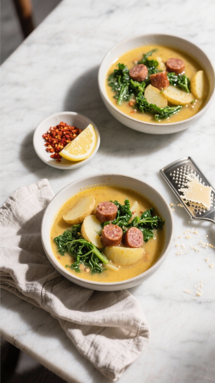 Tasty top view: Top-down shot of a tablescape with two bowls of Italian sausage & kale soup—creamy