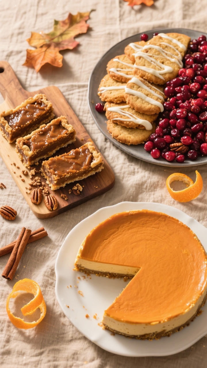 Tasty top view trio: Overhead Thanksgiving dessert spread featuring neatly sliced pecan pie bars sta