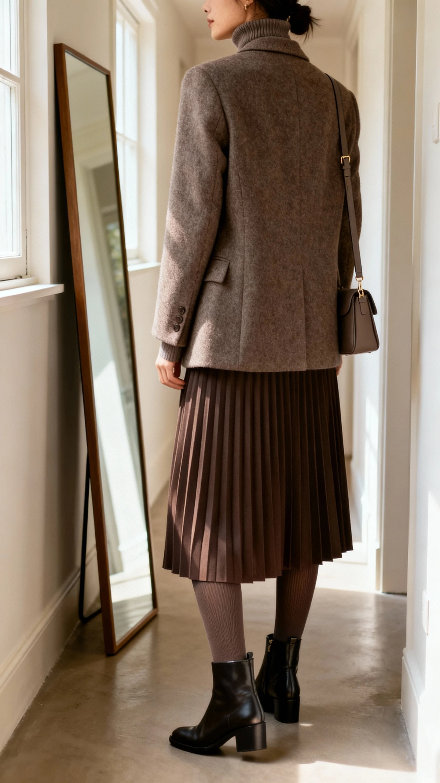 iPhone back view of a woman wearing a pleated midi skirt with a fitted turtleneck, thermal opaque tights, sleek ankle boots, a tailored wool blazer, and a small shoulder bag; face not visible, hallway full-length mirror, soft window light, iPhone photo quality.