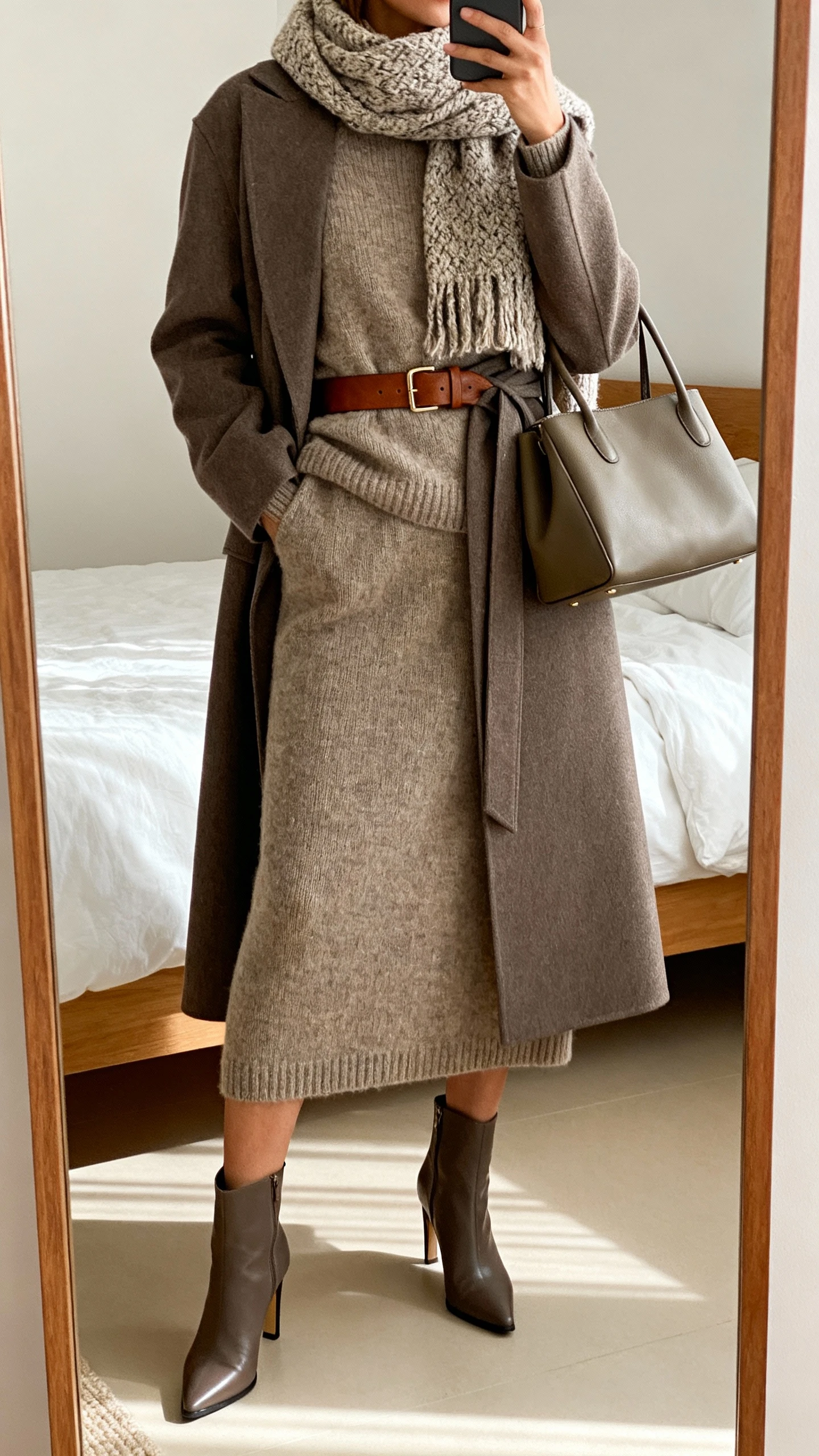iPhone mirror selfie of a woman in a two-piece knit set (sweater and matching skirt), cinched with a leather belt, a long tailored wrap coat, heeled ankle boots, a textured cashmere scarf, and a medium structured bag; face not visible, cropped at shoulders, bedroom mirror, natural daylight, iPhone photo quality.
