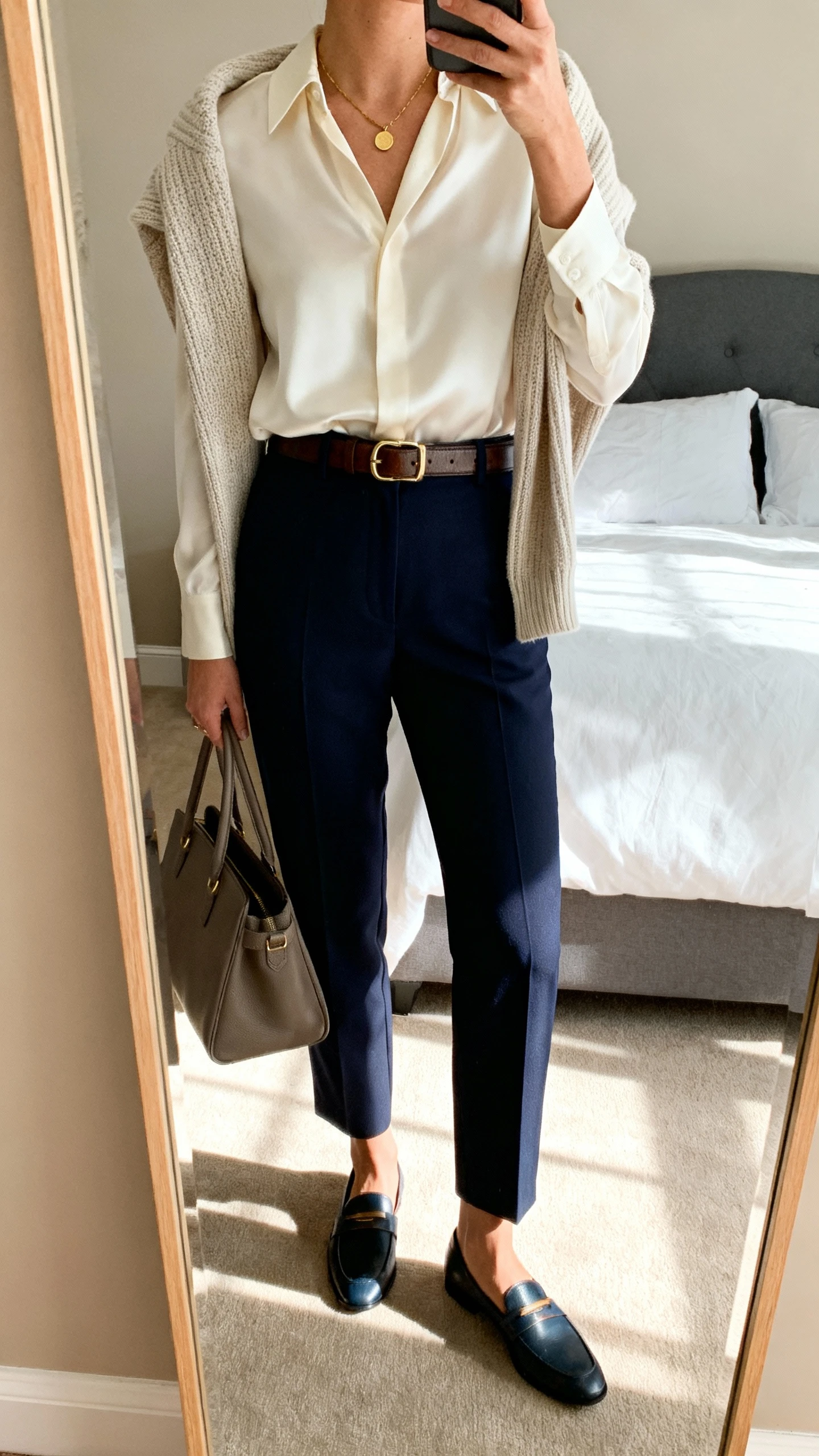 iPhone mirror selfie of a woman in high-waisted tailored trousers in navy, silky ivory blouse tucked in, fine knit cardigan draped over shoulders, loafers, leather belt, structured tote, dainty gold necklace, face not visible, cropped at neck, bedroom mirror with soft afternoon light, iPhone photo quality.