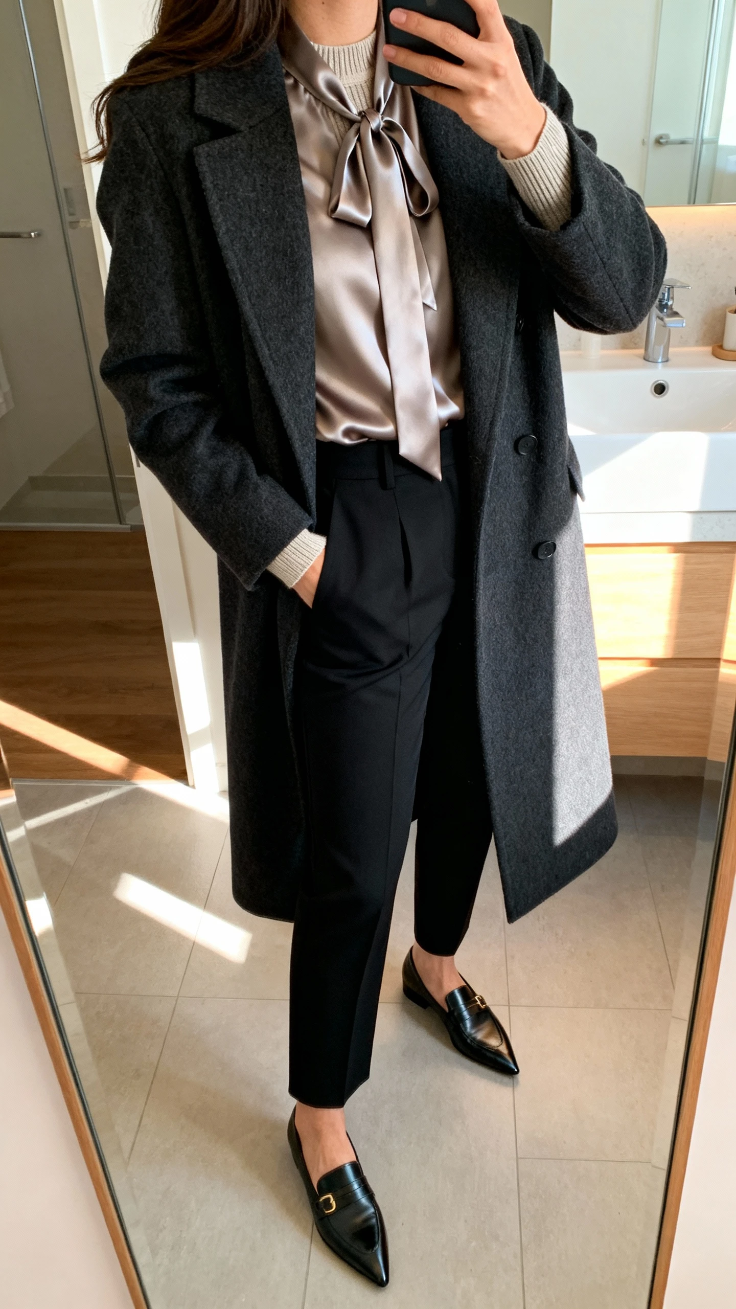 iPhone mirror selfie of a woman wearing a satin tie-neck blouse tucked into high-waisted black tailored trousers, a long charcoal wool coat, pointed-toe loafers, and a fine-knit layering tee underneath; face not visible, side angle, bathroom mirror, indoor morning light, iPhone photo quality.