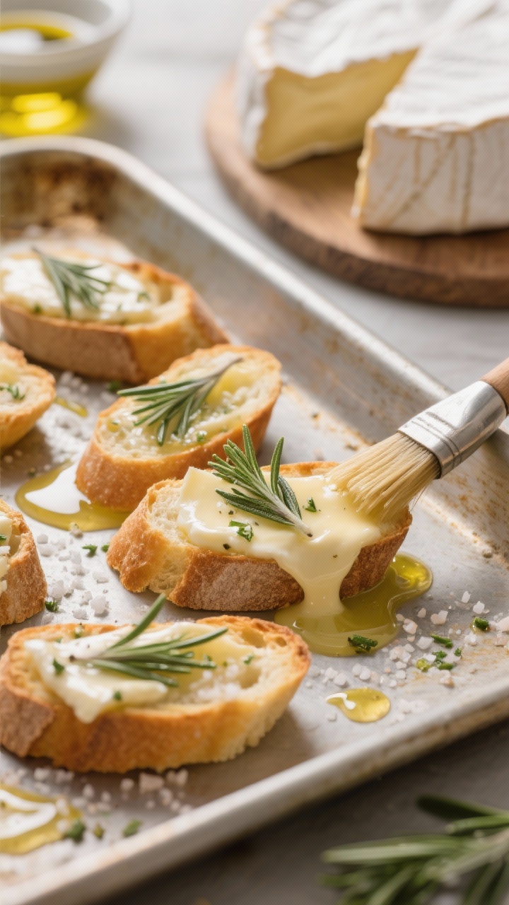 45-degree action-meets-final shot: Rosemary sea-salt crostini on a baking sheet with melted Brie pooling into “puddles” over thin baguette slices; edges golden from extra-virgin olive oil, specks of finely chopped fresh rosemary and a whisper of grated garlic, finished with flaky sea salt; a small brush and olive oil dish in soft blur, a wheel of Brie partially sliced; warm oven-kissed highlights, crisp textures against creamy melt, inviting artisan mood.