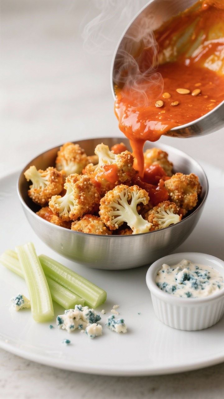 45-degree action shot of buffalo cauliflower bites tossed in sauce: crisped almond-flour-and-egg-coated florets in a stainless bowl being coated with glossy buffalo sauce (avocado/olive oil base), steam faintly rising. Finished bites plated on a white platter with blue cheese crumbles and celery sticks, a ramekin of blue cheese dressing off to the side. Vibrant orange-red sauce pops against neutral tones.