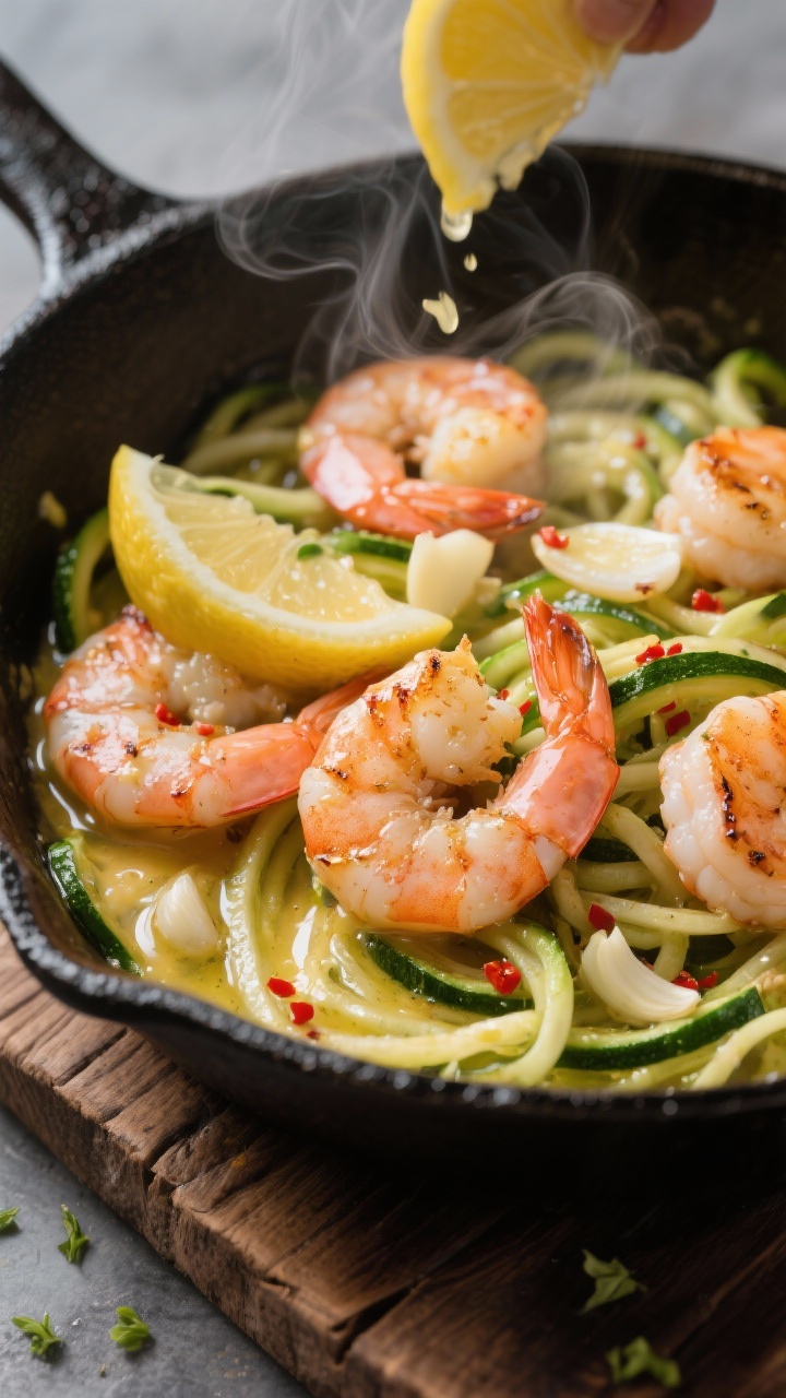 45-degree action shot of garlic butter shrimp zoodles in a skillet: large shrimp seared to pink and opaque, coated in sizzling garlic butter with thinly sliced garlic and a pinch of red pepper flakes; glossy zucchini noodles tossed through, steam lifting; lemon halves and fresh zest visible, a quick squeeze caught mid-drip on the shrimp; dark cast-iron pan on a rustic wooden board, highlights on buttery sauce and shrimp char.