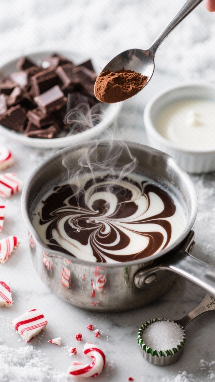 45-degree action shot: Peppermint Bark Hot Chocolate mid-prep with steam rising from a saucepan of 4 cups milk and 1 cup heavy cream as 6 oz chopped dark chocolate and 2 oz white chocolate melt together; a spoonful of cocoa powder and a small dish of sugar nearby, a bottle cap of pure peppermint extract beside a tiny measuring spoon; cool wintery palette with red-and-white peppermint bark pieces scattered on the counter, glossy surface reflections, crisp focus on swirls of dark and white chocolate marbling.