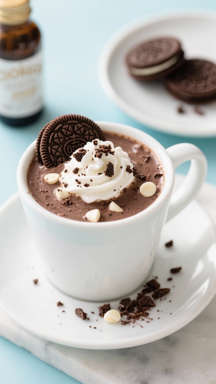 45-degree angle action shot of Cookies & Cream Dream hot cocoa: a thick cookies-and-cream cocoa in a white ceramic mug, flecked with finely crushed chocolate sandwich cookies, white chocolate chips melting on the surface, a swirl of whipped cream topped with chunky cookie crumbs and a half cookie garnish; vanilla extract bottle blurred in background, two whole sandwich cookies on a saucer, crumbs scattered artfully; bright, playful styling, crisp highlights.