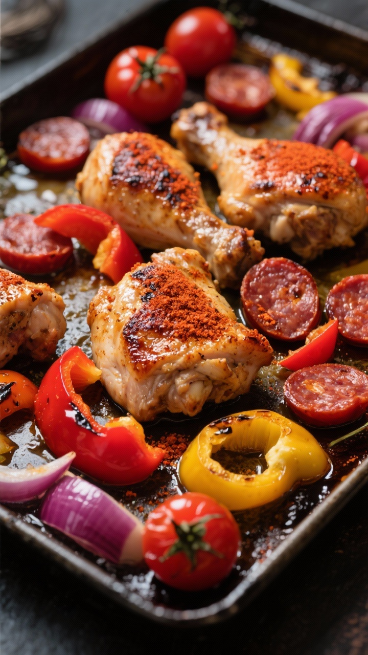 45-degree angle action shot of smoky paprika chicken with peppers and chorizo: boneless chicken thighs seared and dusted with smoked paprika, surrounded by sliced red and yellow bell peppers, sliced red onion, baby tomatoes bursting and blistered, and coin slices of Spanish chorizo rendering their oils; vibrant reds and golds popping against a dark, well-seasoned sheet pan, with a slight sheen of paprika oil and charred edges for mood.