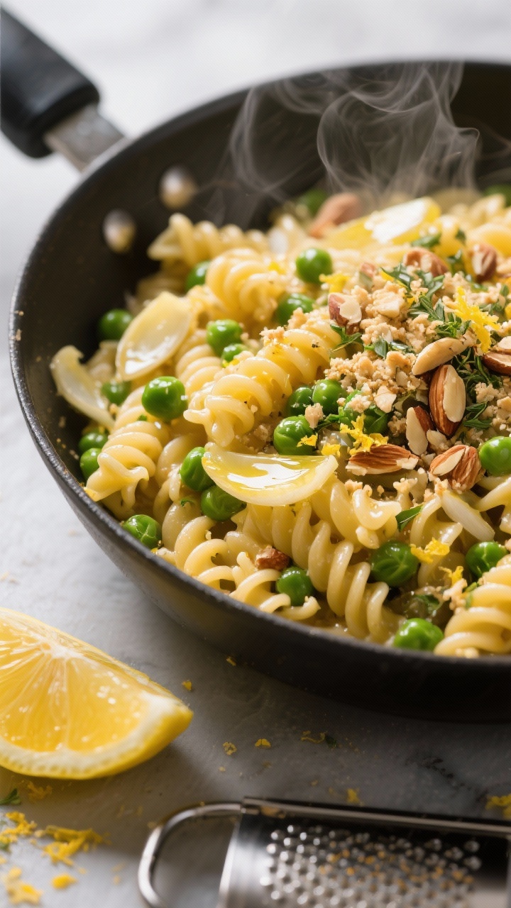 45-degree angle action shot of sunshine pasta just tossed in a skillet: al dente fusilli coated in glossy olive oil, thinly sliced garlic gently golden, peas popping bright green, showered with lemon zest and a squeeze of fresh lemon juice; topped with rustic herby almond crumbs (toasted almonds pulsed with herbs and a touch of olive oil) sprinkled over; steam faintly rising, a microplane with lemon zest nearby, and a wedge of lemon on the rim.