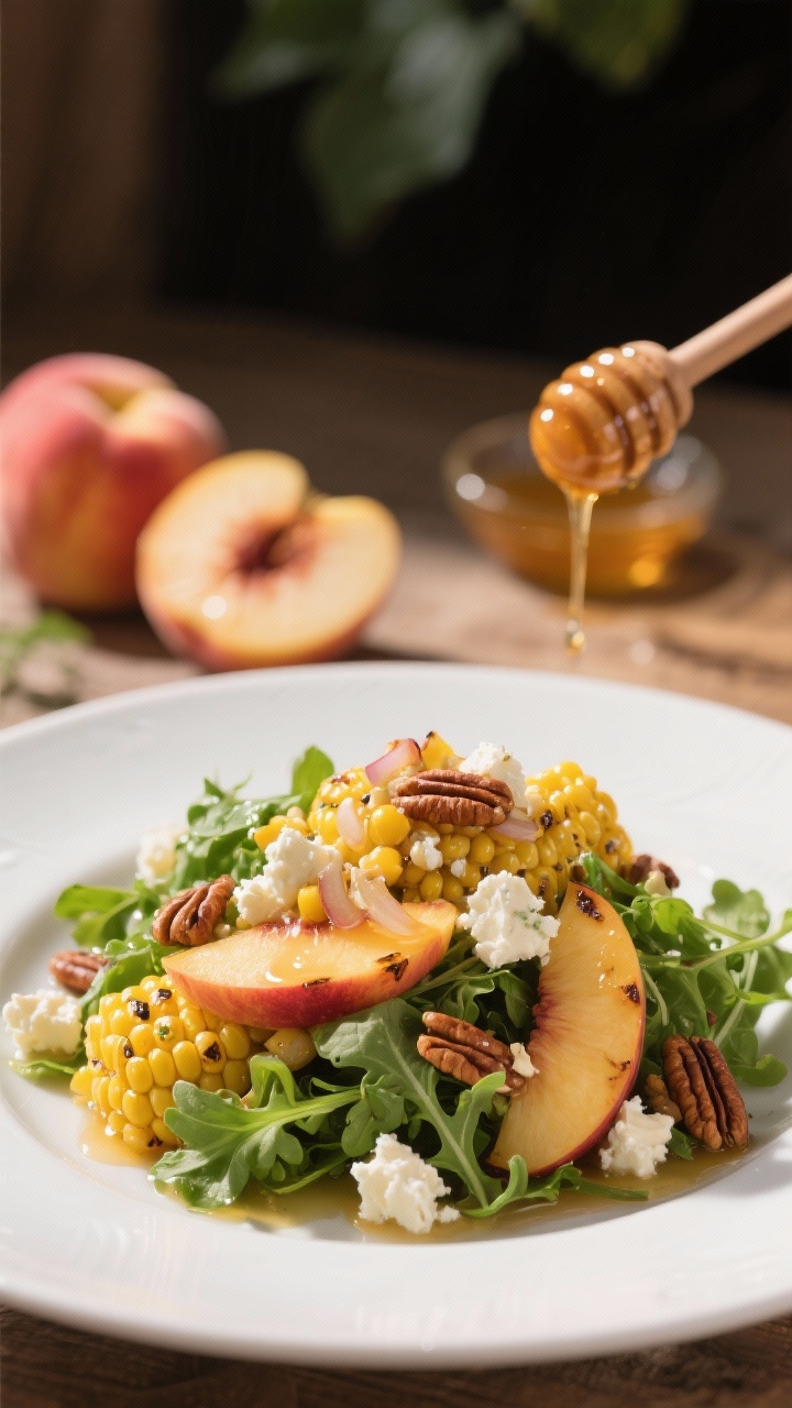 45-degree angle beauty shot of a sweet corn, peach, and arugula salad mounded lightly on a wide white plate: grilled corn and juicy peach slices nestled in baby arugula, topped with crumbled goat cheese and toasted pecans, glistening with a honey-shallot vinaigrette; warm natural light, peach halves and a honey dipper in the background to emphasize summery sweetness