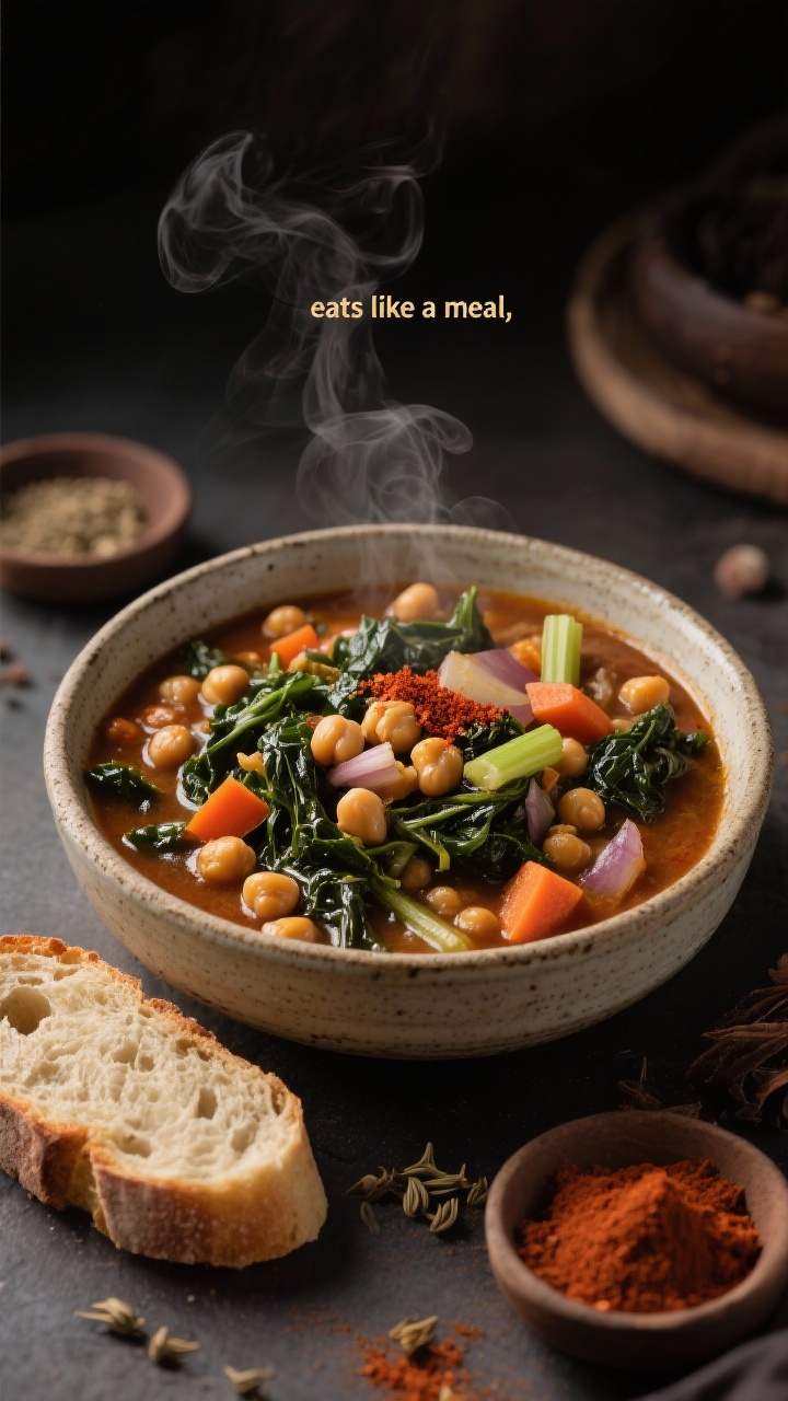 45-degree angle bowl shot of a hearty smoky chickpea and kale stew, thick and rustic with visible chickpeas, wilted dark-green kale ribbons, diced carrots, onion, and celery; paprika-slicked broth with hints of cumin; served in a deep stoneware bowl with a crusty bread slice in frame; tiny bowls of smoked paprika and ground cumin nearby; moody, earthy tones to emphasize “eats like a meal,” steam rising, sharp focus on chunky texture