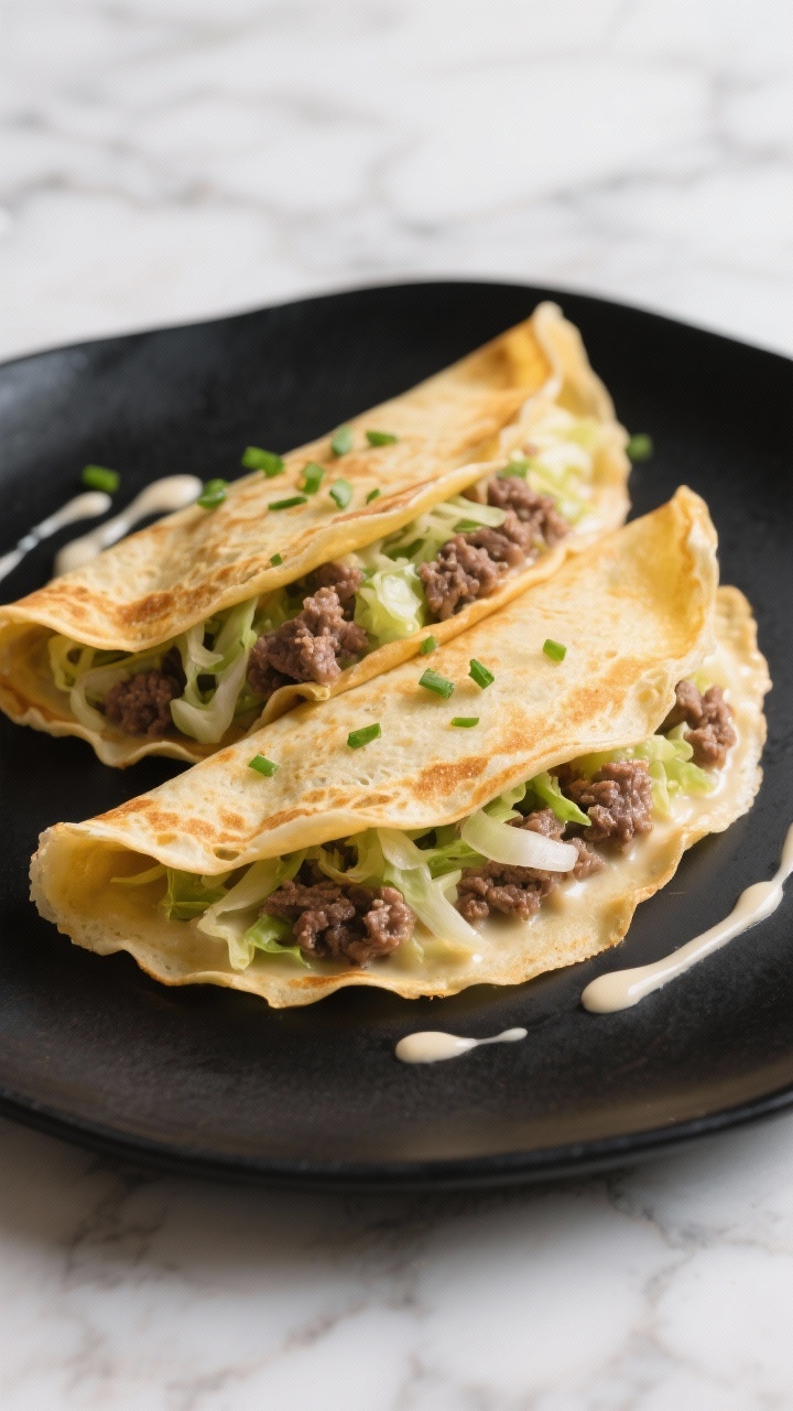 45-degree angle café-style plating of two golden crêpes folded over a creamy beef-and-cabbage filling: thin, lacy crêpes made from flour, eggs, milk, and butter; inside, savory ground beef with finely shredded green cabbage and minced shallot, bound with a light cream; edges crisp, centers tender, a light drizzle of cream and sprinkle of chives on top; matte black plate on a marble surface, minimal, elegant styling.