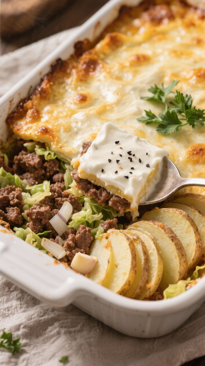 45-degree angle casserole reveal of a cozy baked dish in a white enamel baking dish: layers of browned ground beef, shredded green cabbage, diced onion, minced garlic, and neat shingled rounds of baby potatoes (1/4-inch thick), all cloaked in bubbly, golden-edged heavy cream and sour cream sauce; sprinkled with black pepper and fresh parsley, with a serving spoon cutting a steamy square to show creamy strata; warm, homey evening light on a linen.