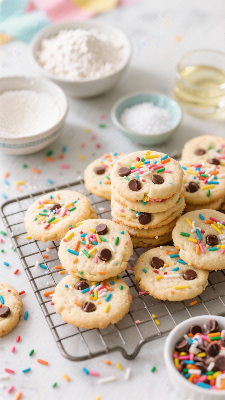 45-degree angle celebratory scene of Confetti Sugar Cookies With Pantry Sprinkles (Or Chocolate Chips): cookies studded with rainbow sprinkles and a few with chocolate chips, piled casually on a cooling rack with extra sprinkles scattered. Include ingredient cues: bowls of flour, granulated sugar, powdered sugar, baking powder, baking soda, fine sea salt, neutral oil, and a small dish of colorful sprinkles and chocolate chips. Bright, playful mood, crisp focus on the sprinkle-studded tops, soft bokeh in the background for a fun, party-ready feel.