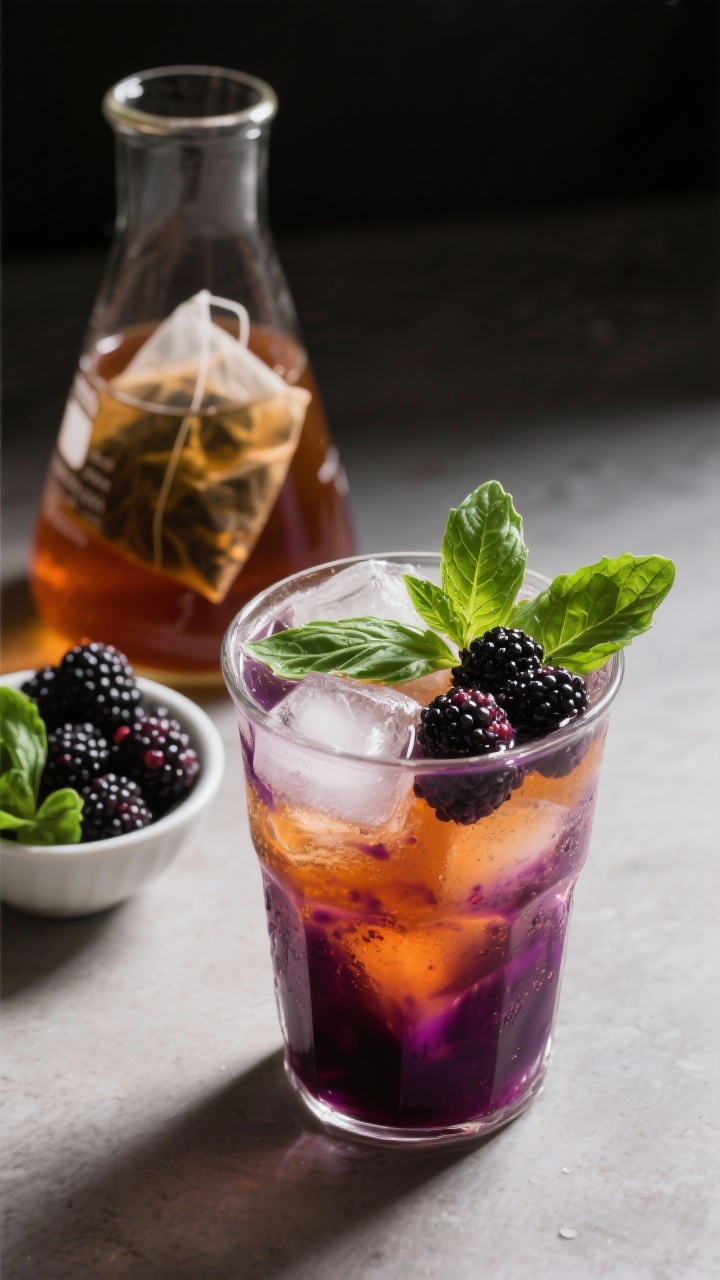 45-degree angle close-up of a Blackberry Basil Iced Oolong Cooler in a clear tumbler: deep amber oolong tea with muddled streaks of inky purple blackberry, whole fresh blackberries floating, 6–8 basil leaves and a sprig for garnish, clinking ice; behind, a glass beaker with steeped oolong (4 bags in 3 cups hot water plus 1 cup cold water), a small bowl of blackberries, loose basil leaves; moody backlight to emphasize color contrast and condensation.