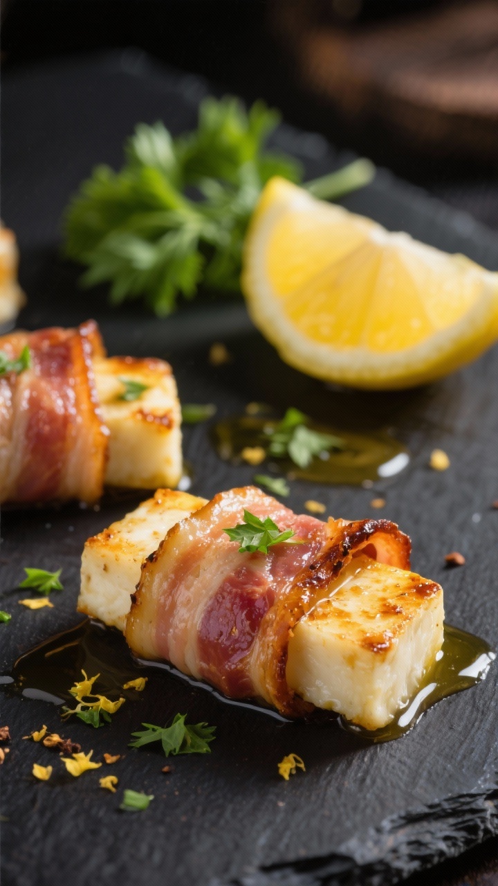 45-degree angle close-up of bacon-wrapped halloumi bites on a matte black slate, the bacon tightly spiraled around golden-seared halloumi batons, glistening with a lemon-herb drizzle made from olive oil, lemon juice, lemon zest, chopped parsley, and a pinch of dried spices; a lemon half and extra parsley leaves in the background; shallow depth of field emphasizing crispy bacon texture.