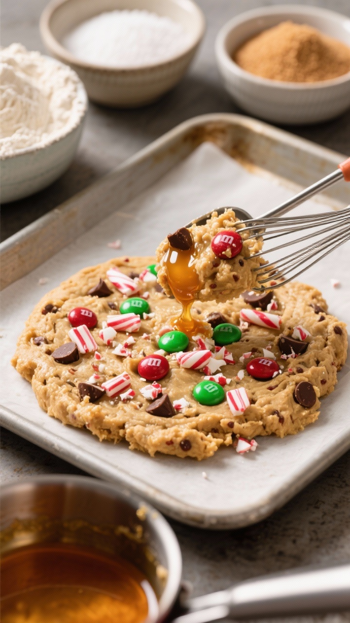 45-degree angle close-up of brown butter peppermint M&M cookie dough being scooped onto a baking sheet: toasty golden-brown flecks in the dough from browned butter, visible red and green M&Ms, crushed peppermint candy bits, and semisweet chocolate chips. Include a small saucepan with browned butter (amber color with browned milk solids), a whisk, and ingredient bowls: all-purpose flour, cornstarch, baking soda, fine sea salt, packed light brown sugar, and granulated sugar. Cozy, warm tones, high detail on glossy dough and peppermint texture.