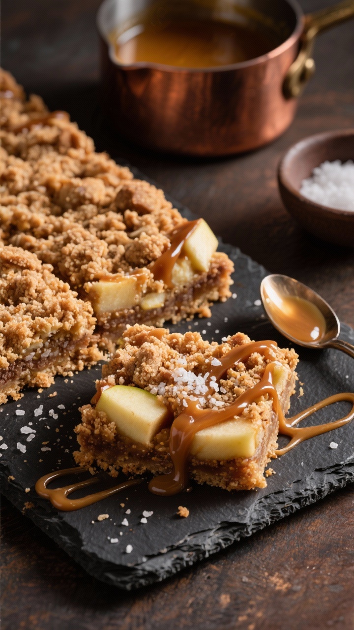 45-degree angle close-up of Brown Butter Streusel Salted Caramel Apple Dessert Bars on a slate board, showcasing the nutty brown butter notes and sandy streusel crumble made from unsalted butter, granulated sugar, light brown sugar, vanilla, and all-purpose flour with fine sea salt; caramel ribbons pooling at the edges and tender apple chunks peeking through; include a small copper saucepan of browned butter with browned milk solids, a spoon trailing caramel, and a pinch bowl of sea salt; warm, moody tones with directional side light emphasizing texture and crumb.
