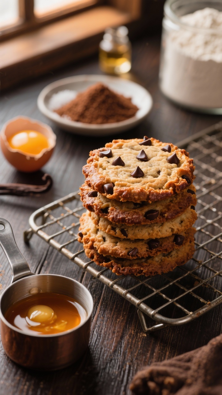 45-degree angle close-up of browned-butter crispy-edge cookies stacked on a cooling rack, showcasing lacy, deeply caramelized edges and a glossy chocolate chip scatter. Include a small saucepan of browned butter with toasted milk solids visible, a dish of dark brown sugar, granulated sugar, a single egg yolk, vanilla extract, and measured all-purpose flour in the background slightly out of focus. Warm tungsten window light to highlight amber tones, crisp texture emphasized with sharp detail; minimal props, dark wood surface for contrast.