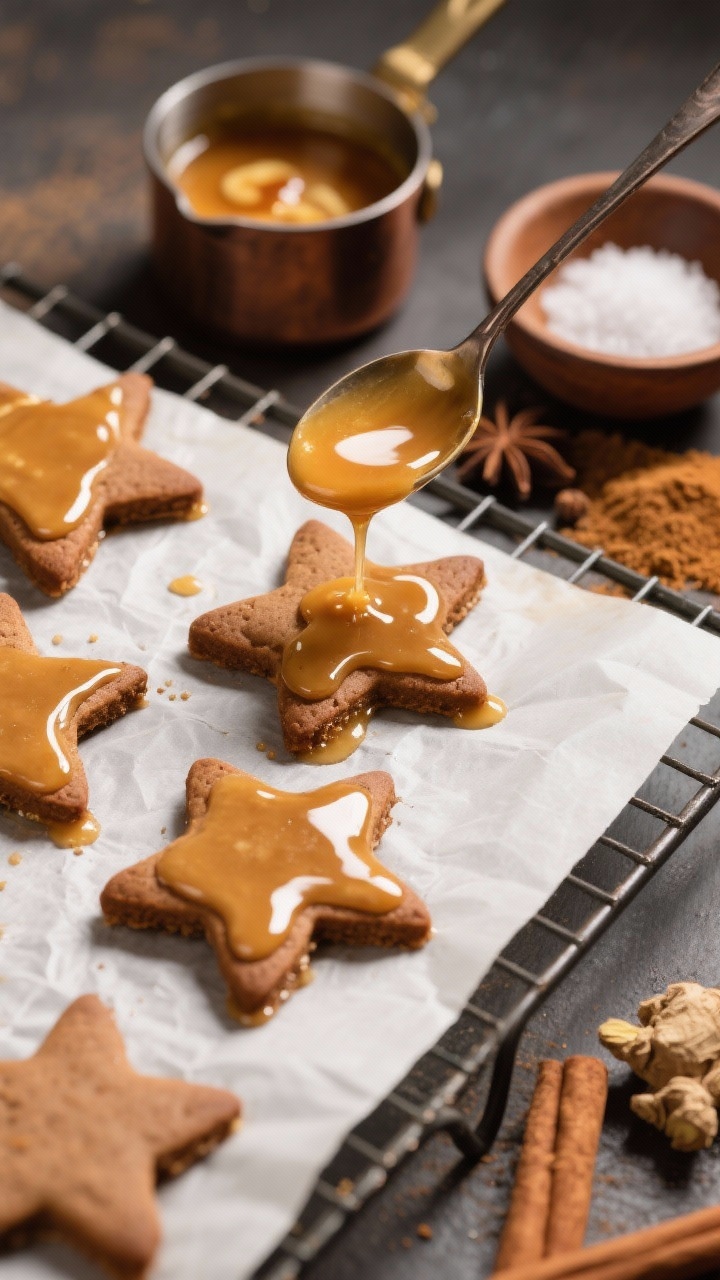 45-degree angle close-up of browned-butter gingerbread star cookies being glazed with a thin maple glaze that pools and sets in a translucent sheen. Include a small saucepan of browned butter with toasted milk solids visible, a drizzle stream of maple glaze from a spoon, and surrounding spices: ground ginger, cinnamon, allspice, fine sea salt, and baking soda in tiny pinch bowls. Stars on a wire rack over parchment, golden-brown edges, cozy warm tones, selective focus for appetizing texture.