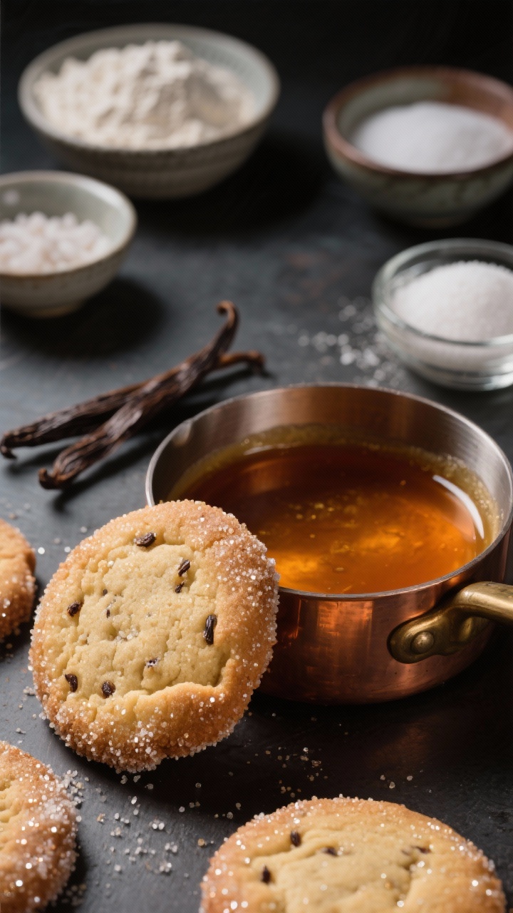 45-degree angle close-up of Browned-Butter Vanilla Bean Sugar Cookies with sparkle: cookies coated in granulated sugar, edges glistening, interior showing tiny vanilla bean specks; a small copper saucepan with browned butter (deep amber, milk solids visible), split vanilla bean, bowls of all-purpose flour, baking powder, baking soda, fine sea salt, and granulated sugar in the background; moody, directional light highlighting the caramel hue from the browned butter, shallow depth of field for a luxurious, fragrant vibe.