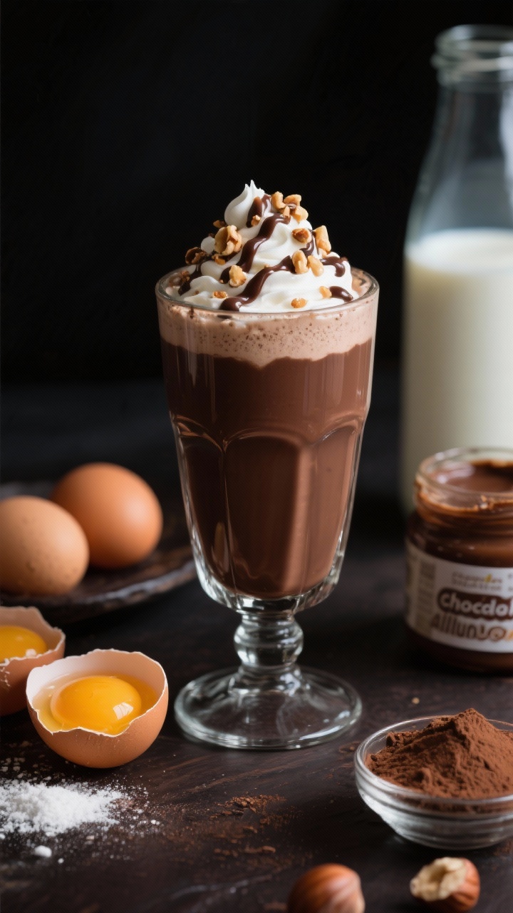 45-degree angle close-up of chocolate hazelnut eggnog in a double old-fashioned glass, deep cocoa color with a glossy surface. Topped with a soft dollop of keto whipped cream, a drizzle of sugar-free chocolate hazelnut spread, and a sprinkle of crushed roasted hazelnuts. In frame: unsweetened almond milk, heavy or coconut cream, three egg yolks, powdered allulose, cocoa powder, and a jar of sugar-free chocolate-hazelnut spread. Dark chocolate backdrop, moody highlights.