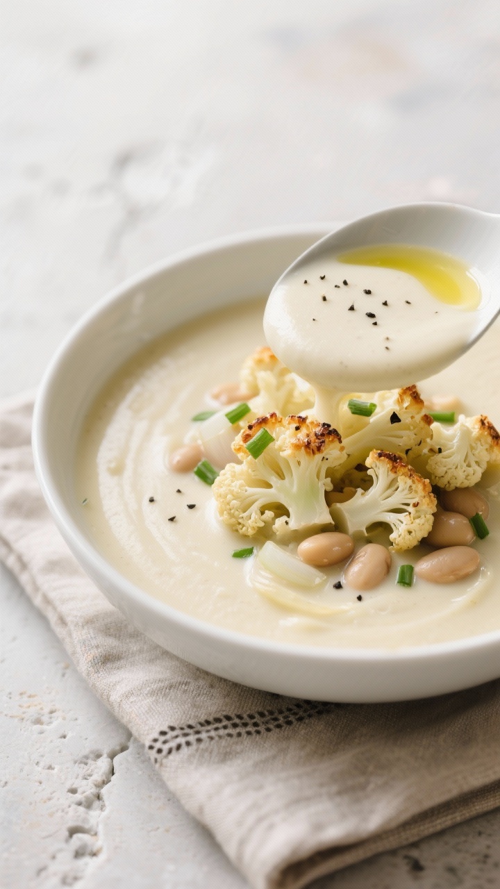 45-degree angle close-up of creamy cauliflower Alfredo soup ladled into a shallow white bowl, ultra-smooth and velvety. Ingredients incorporated: cauliflower florets blended with cannellini beans for dairy-free creaminess, sautéed onion and garlic (olive oil optional), finished with a crack of black pepper and a drizzle of olive oil (optional). Topped with crispy roasted cauliflower florets and a sprinkle of chopped chives. Neutral linen, light stone background, bright soft light to convey silky texture and clean flavors.