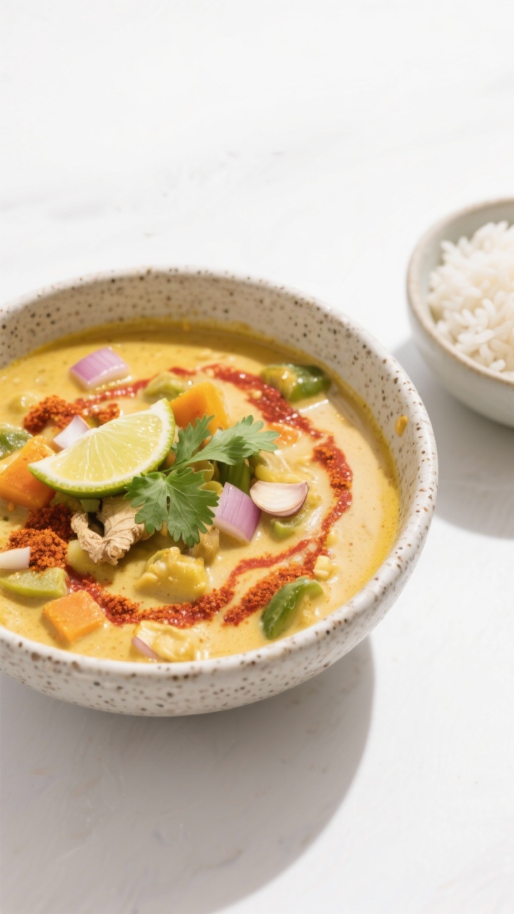 45-degree angle close-up of Creamy Coconut Curry Veggie Stew ladled into a speckled ceramic bowl: coconut oil-sheened sauce with diced onion, minced garlic, freshly grated ginger, and a vibrant red curry paste swirl (or curry powder), turmeric warmth visible in the golden broth; tender veggies peeking through, topped with a squeeze of lime and cilantro leaves; served with a side of jasmine rice in a small bowl; bright, saturated colors, clean white background, soft diffused light to emphasize the creamy, dairy-free sheen.