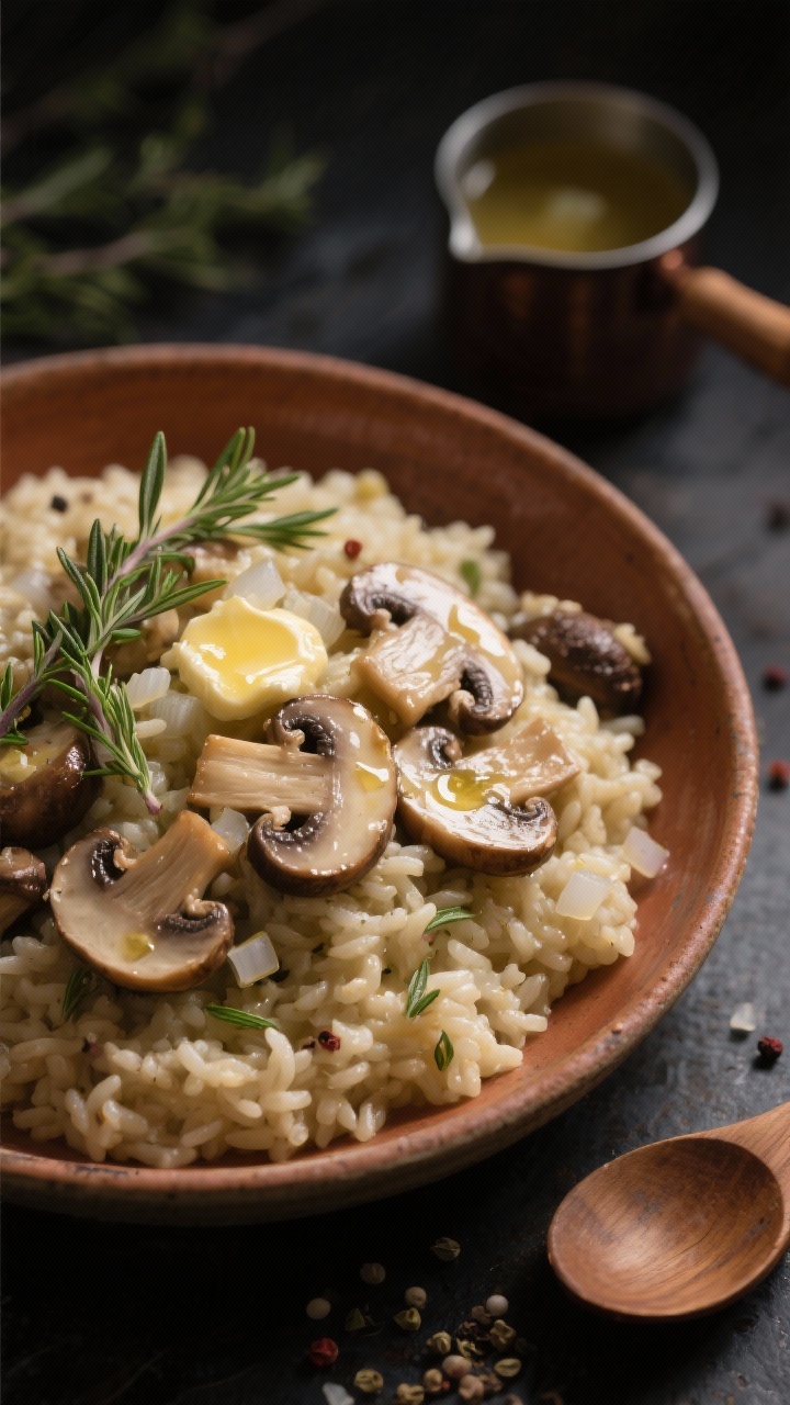 45-degree angle close-up of creamy mushroom and thyme risotto piled in a warm ceramic bowl, showcasing sliced cremini, shiitake, and oyster mushrooms sautéed in olive oil and butter, tiny translucent bits of finely diced onion, and a glossy finish of butter; scattered fresh thyme leaves and cracked pepper; moody, cozy lighting with a small pot of vegetable broth and a wooden spoon resting nearby for a “night in” vibe.