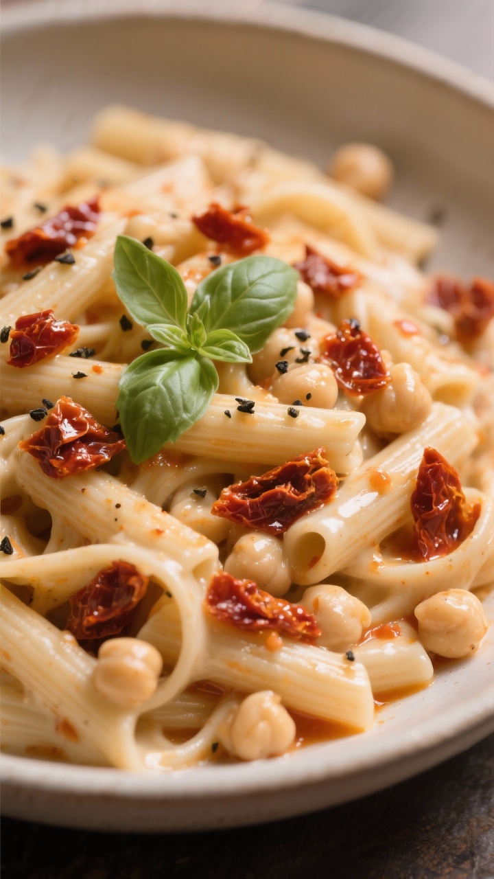 45-degree angle close-up of creamy white bean sun-dried tomato pasta: high-protein chickpea pasta coated in a silky no-cook cannellini bean and sun-dried tomato sauce, glistening from sun-dried tomato oil; flecks of chopped sun-dried tomatoes throughout, garnished with cracked black pepper and a few basil leaves; served in a wide shallow bowl, warm Mediterranean tones, soft diffused light.