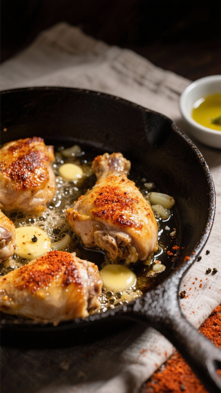 45-degree angle close-up of Garlicky Butter Chicken Thighs sizzling in a cast-iron skillet: bone-in, skin-on thighs with blistered, paprika-and-onion-powder crust, golden-brown chicken skin, bubbling pools of melted butter infused with minced garlic; visible flecks of sea salt, black pepper, and smoked paprika; warm, moody lighting with a linen and a small dish of avocado oil to the side.