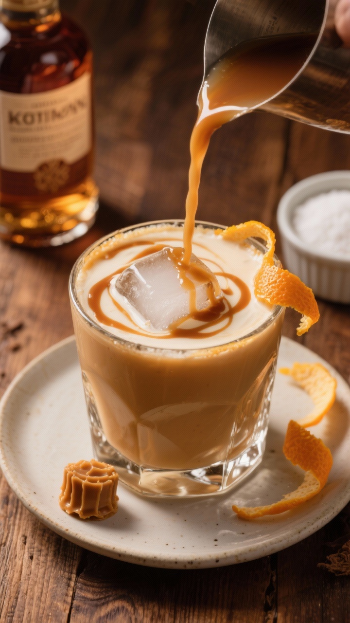45-degree angle close-up of maple-bourbon eggnog being poured into a rocks glass over a single large ice cube, the drink showing a warm tan hue. Brown-butter sheen swirls on top, with a drizzle of keto maple syrup down the inner glass and a tiny knob of browned butter on a saucer. Include a small bottle of bourbon in the background, a ramekin of powdered sweetener, and a strip of orange peel twist on the rim. Cozy, amber-toned lighting with wood backdrop for brown butter vibes.