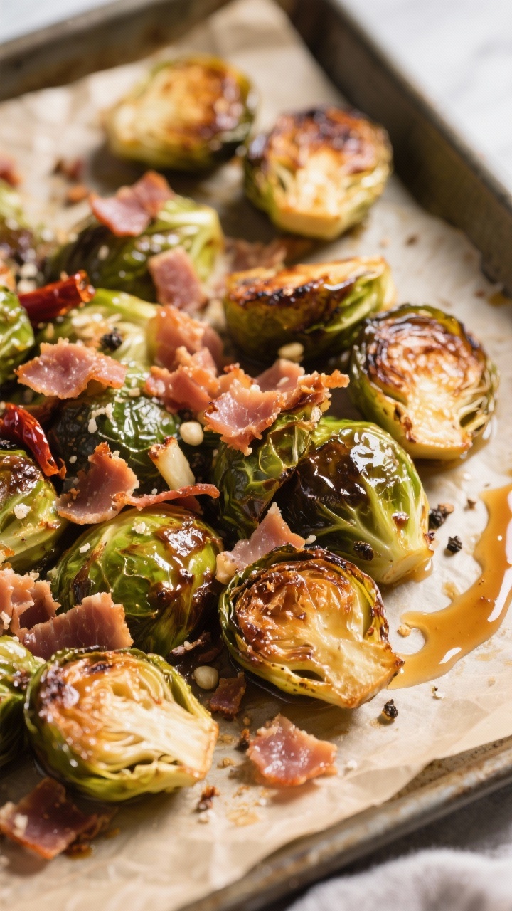 45-degree angle close-up of maple-chili Brussels sprouts roasted to deep caramelized edges on a parchment-lined tray: halved sprouts with blistered leaves tossed in olive oil, sea salt, black pepper, garlic powder, and a glossy Whole30-compatible maple-chili glaze; scattered shards of ultra-crispy prosciutto crumbs over the top, a drizzle trail of maple-chili sauce in the corner, warm golden light highlighting sticky sheen and crunchy bits.