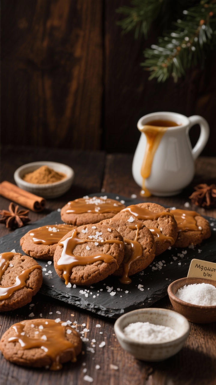 45-degree angle glam shot of Gingerbread-Spiced Sugar Cookies with maple glaze: warm brown cookies infused with ground ginger, cinnamon, and a hint of clove, each drizzled with glossy maple glaze that pools slightly; sprinkle of fine sea salt micro-crystals on a few for contrast; include small pinch bowls labeled with ground ginger, ground cinnamon, and ground clove, plus baking powder, baking soda, and all-purpose flour; a small pitcher of maple glaze mid-drip; cozy holiday mood with dark wood backdrop and soft side lighting to accentuate spice and sheen.