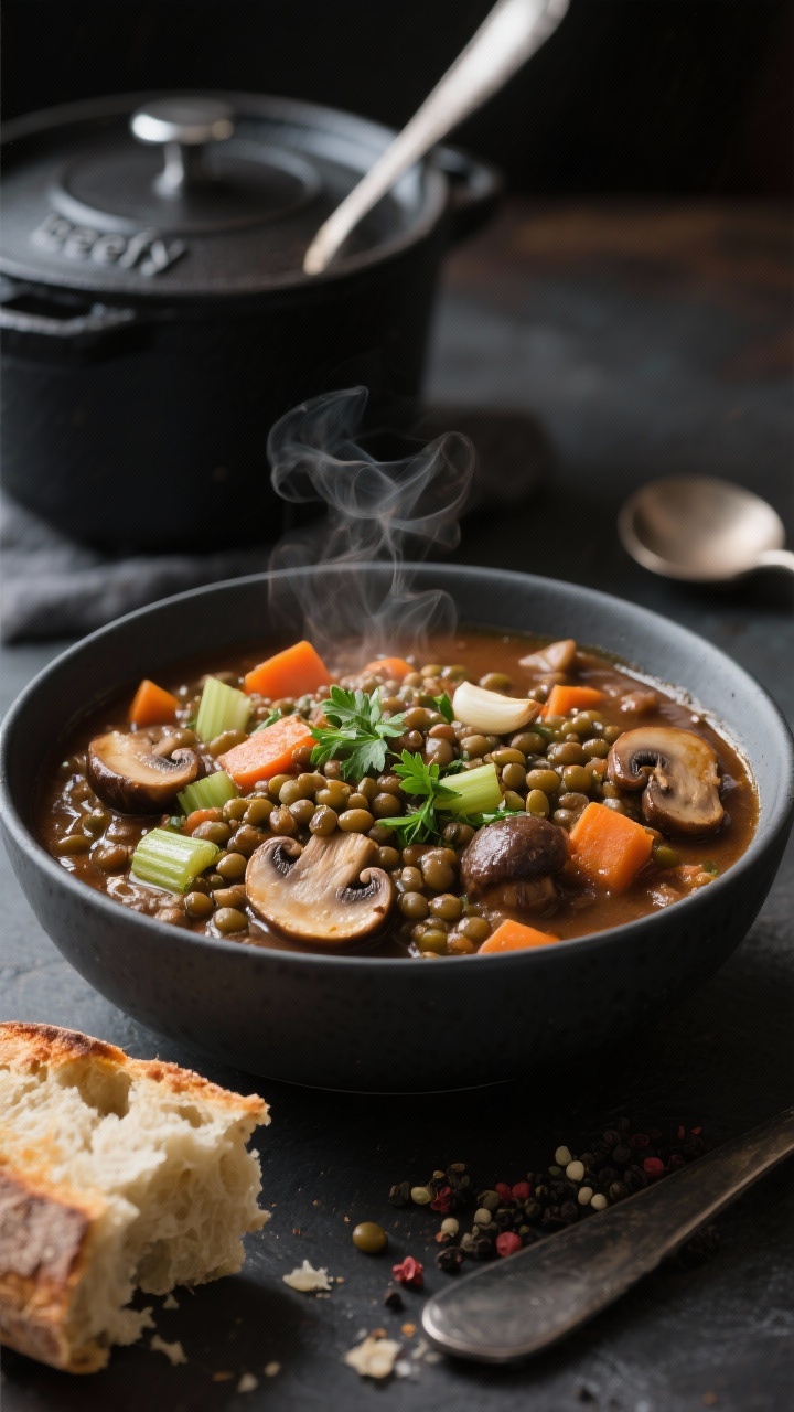 45-degree angle, hearty bowl of chunky lentil and mushroom “beefy” stew that eats like a meal, thick and rustic with visible brown/green lentils, seared cremini/baby bella mushroom pieces, diced carrots, celery, onion, and garlic. Steam rising, deep mahogany broth, garnished with chopped parsley and a crack of pepper. Serve in a matte charcoal bowl with a torn hunk of crusty bread on the side; background shows a Dutch oven with ladle resting to imply stovetop simmering. Cozy, moody lighting to emphasize umami and thickness.