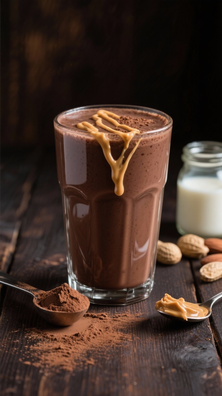 45-degree angle hero shot of a Chocolate Peanut Butter Cup Power Shake in a tall frosted glass, deep cocoa color with a glossy surface. Garnish with a zigzag drizzle of natural peanut butter and a light cocoa powder dust. Include a scoop of low-carb chocolate protein powder in a scoop beside the glass, a jar of unsweetened almond milk, and a spoon with peanut butter. Dark wood backdrop for a rich, indulgent mood.